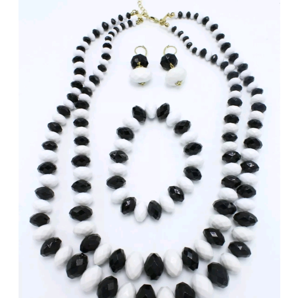 New with tags black & white beaded necklace, bracelet and earrings set by QVC